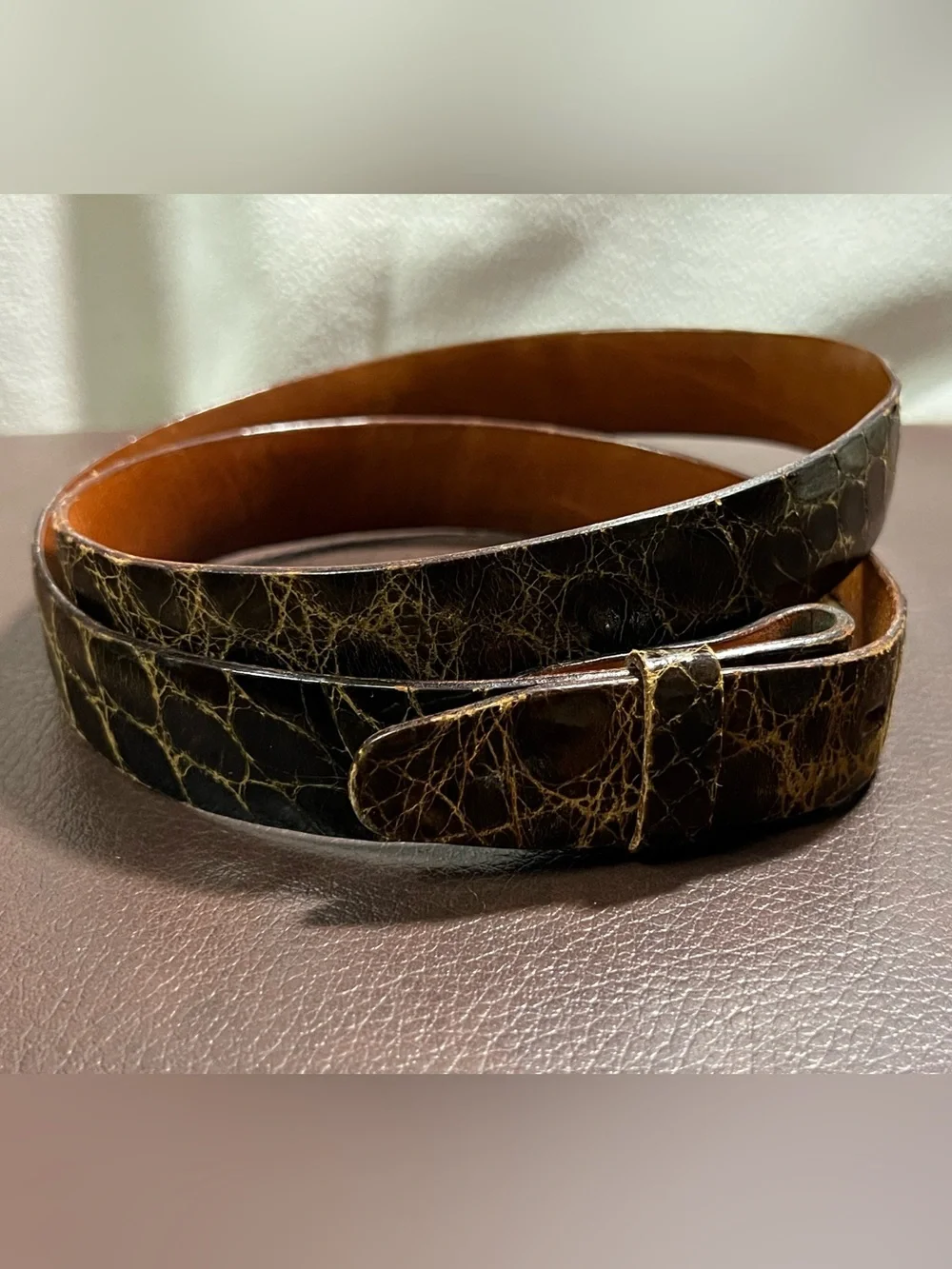 VTG Hirdes Of New Orleans American Alligator On Steer Hide Leather Brown Belt 32